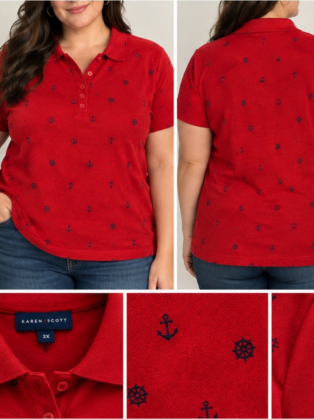 NWT🌺Karen Scott Red Polo Top with Navy Anchor & Wheel Motif Sz 2X